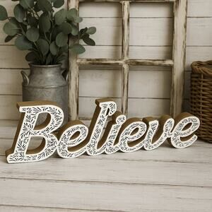 Believe Floral Wooden Wall Sign – Inspirational Word Rustic Spiritual Boho Décor